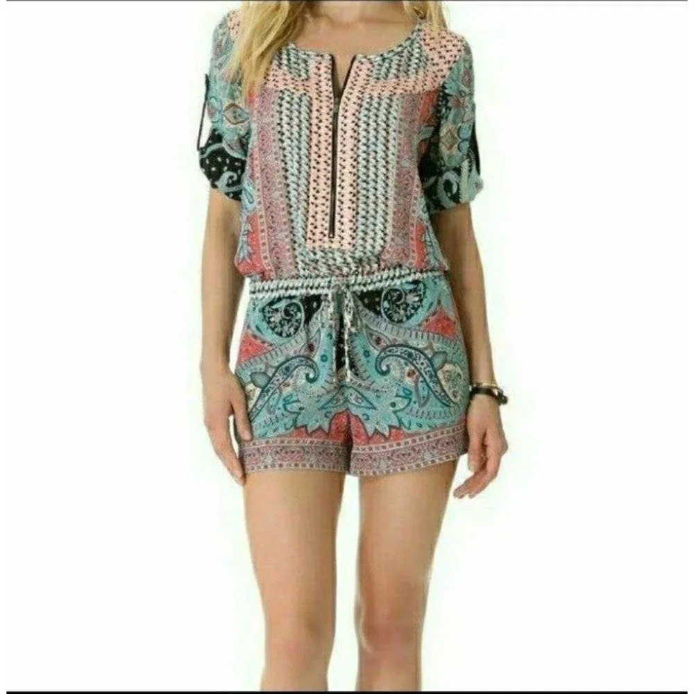 BCBGMAXAZRIA ROMPER BOHEMIAN TURQUOISE PRINT WOMENS MEDIUM NWOT